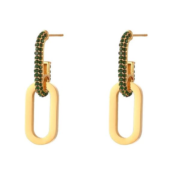 Green Zircon 18K Gold Plated Chain Drop Earrings Stainless Steel - Picture 2 of 7